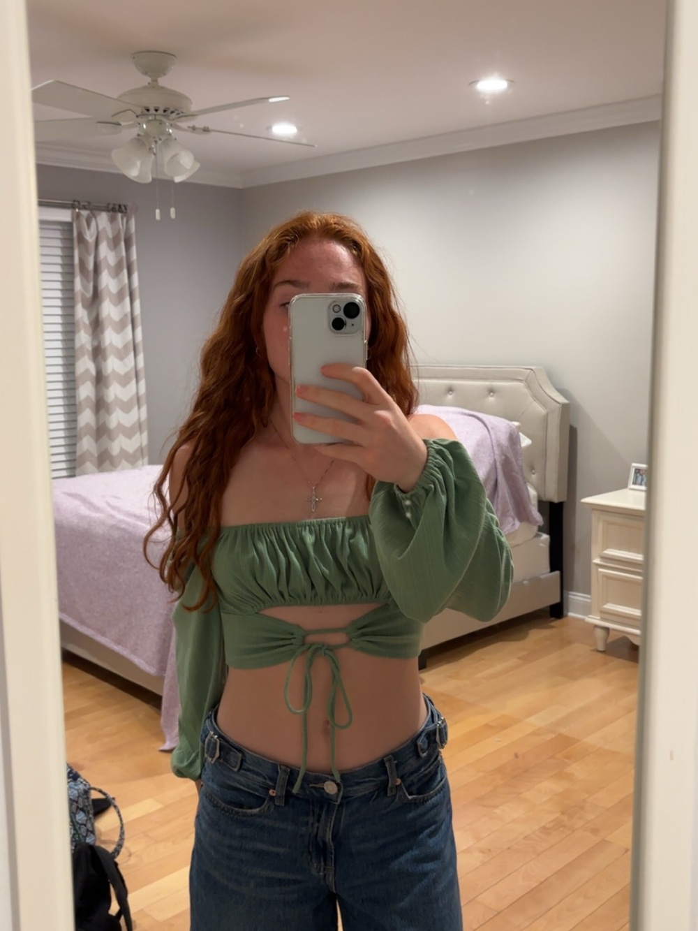 Women’s Green Ruched Off-Shoulder Tie-Front Top